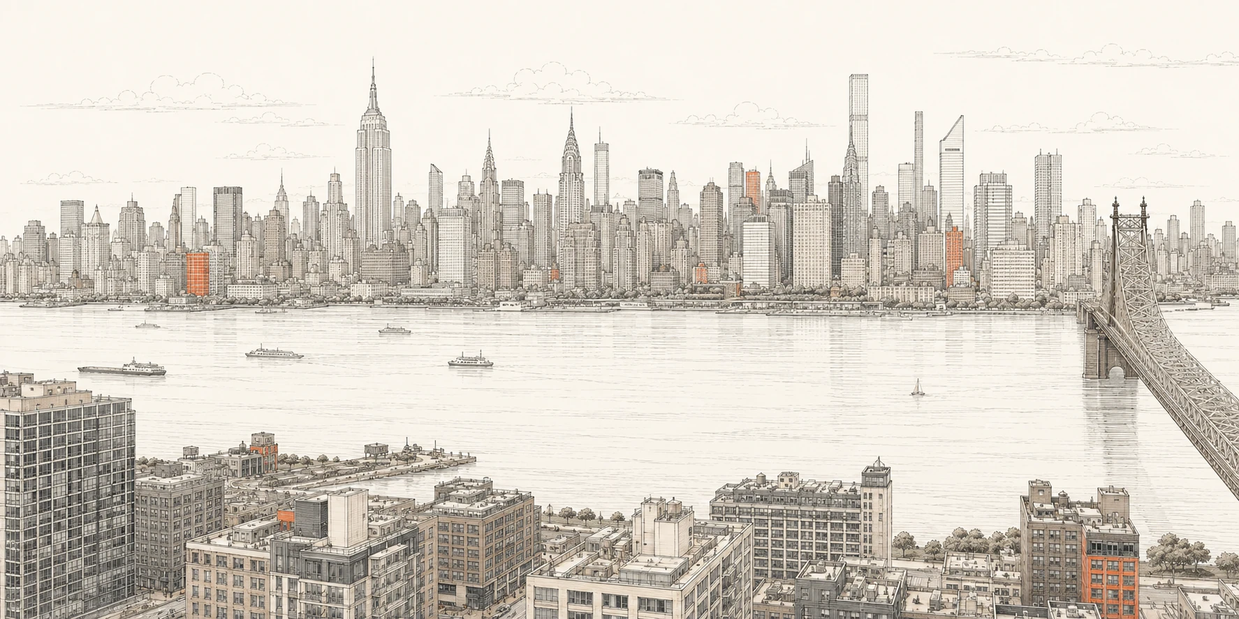 PiPlan landing cover: an ink-drawn city skyline with vermilion accents.