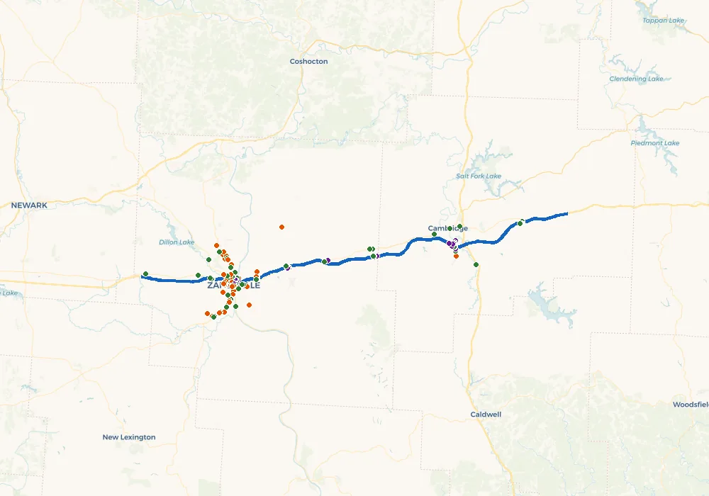 Route map across eastern Ohio showing the planned path and its waypoints.