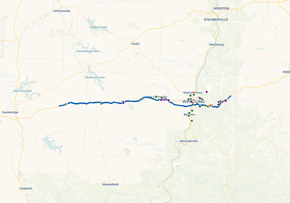 Detailed route map near Wheeling showing sequential waypoints along the planned path.