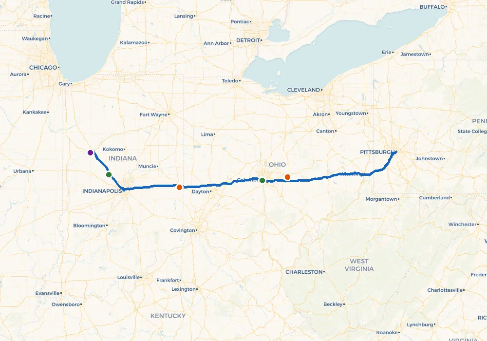 Route map spanning Chicago to Pittsburgh with waypoints marked along one continuous path.